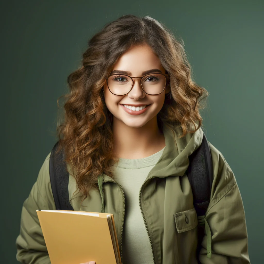 Smiling young female teacher with books or in a classroom setting.
