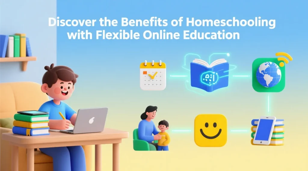 Illustration showing a child learning on a laptop with books, calendar, globe, and digital icons, highlighting the benefits of homeschooling with flexible online education.