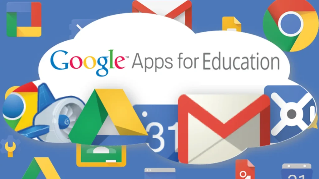 Students using Google Education Apps for Education tools like Google Classroom, Docs, and Drive for collaborative learning. Cloud-based apps helping teachers and learners connect, share, and grow in digital classrooms.