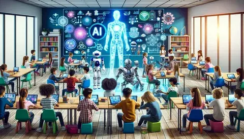 A futuristic classroom where children learn with tablets, robots, and AI holograms. Concept of homeline schooling preparing students for the digital future.