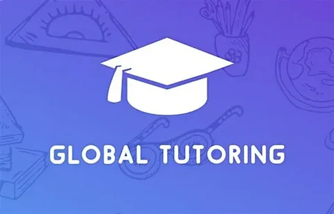 Logo of Global Tutoring featuring a white graduation cap on a blue gradient background. Educational doodles such as books, globe, and stationery appear faintly in the background.