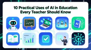 Illustration showing AI tools like chatbots, smart grading, and personalized learning in a modern classroom. Infographic style highlighting 10 practical uses of AI in education for teachers.