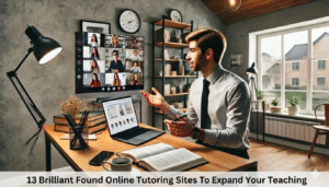 A man in a tie uses an online tutoring site to teach a virtual class from his home office.